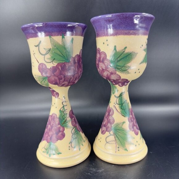 Studio Art Pottery Hand Made Goblets Drinking Wine Glasses Signed Purple Grapes - Picture 15 of 16